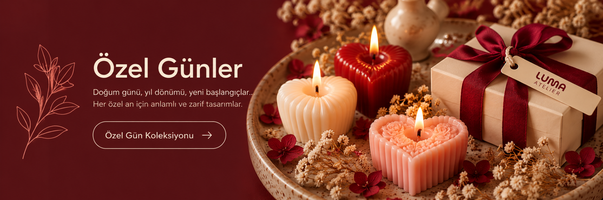 Özel Günler: kalpli mumlar, bordo kurdeleli kutu ve ince uzun LUMA ATELIER etiketi